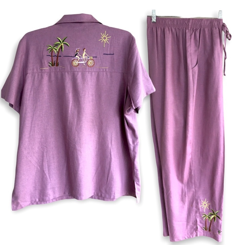 90s Y2K VINTAGE 2PC Novelty Embroidered Linen Capri Pant Set